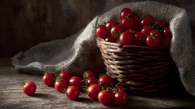 Basket of fresh cherry tomatoes spilling onto a rustic table