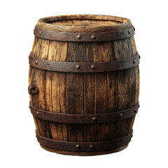 Obraz premium Old Weathered Wooden Barrel with Metal Bands and Riveted Details on Transparent Background