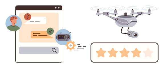 Drone flying with camera, chat interface with user feedback and question, rating bar showing stars, gear icon for efficiency. Ideal for technology, feedback systems, user support, automation