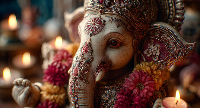 beautiful lord ganesha statue with flowers and oil lmps