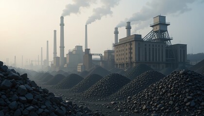 Industrial Landscape at Sunrise with Air Pollution and Coal Piles