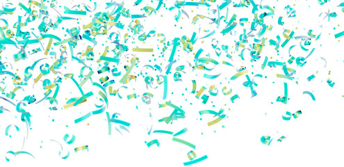Festive teal and gold confetti falling on white background. Perfect for party invitations, banners, and celebrations.