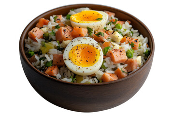 Delicious rice bowl with salmon, green onions, and boiled eggs, garnished with black pepper.