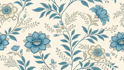 Vintage blue floral pattern with botanical elements on a cream background