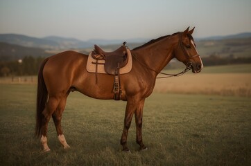 Obraz premium “Majestic Brown Horse with Leather Saddle in Golden Meadow at Sunset”