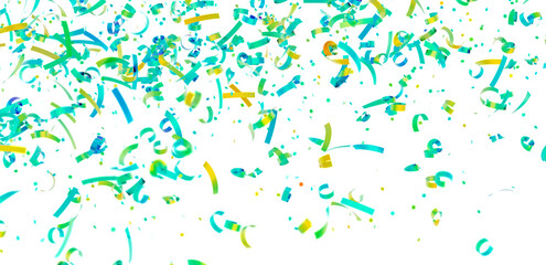 Bright teal and yellow confetti falling on white. Perfect for party, celebration, or festive designs.