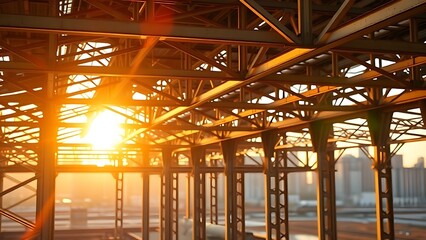 Geometric steel beams under golden hour light, showcasing industrial strength and architectural beauty.