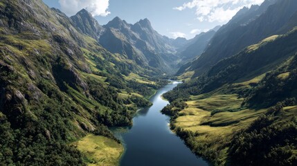 A stunning view of a river flowing through a beautiful mountain valley