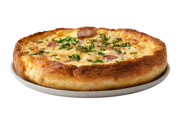 Delicious savory pie topped with herbs and ham on a white plate, isolated on clean background.