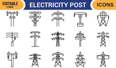 Set of high-voltage electric tower and post icons designed for energy, utility, and power infrastructure systems.