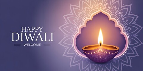 Happy diwali greeting with a glowing diya lamp and ornate mandala design on purple background