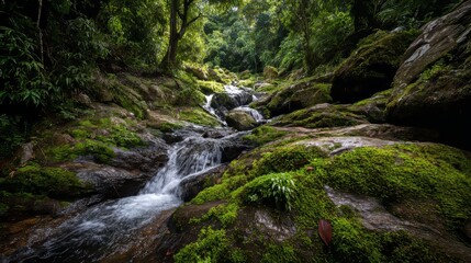 A refreshing stream cascades through a vibrant, mossy forest landscape.