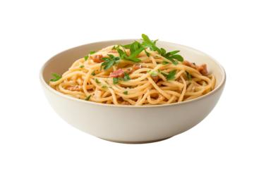 Delicious spaghetti topped with fresh parsley in a simple bowl, perfect for food photography.