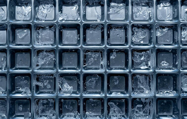 Melting ice cubes arranged in a perfect geometric grid.