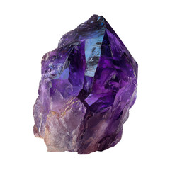 Translucent purple gemstone with rough faceted surface on transparent background