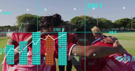 Team forming pep huddle on grass pitch activating sports analytics overlay with rising bar charts - Powered by Adobe
