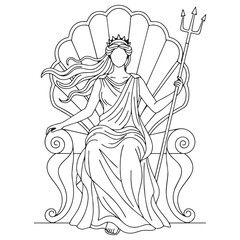 Classic Amphitrite Line Art – Amphitrite Vector Illustration Ocean Goddess with Waves Drawing – Amphitrite Drawing – Line Art Drawing of Amphitrite – Amphitrite Icon – Greek Goddess Vector