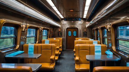 Vintage Train Lounge Interior with Blue Velvet Armchairs, Polished Wood Paneling, Ornate Lighting, Elegant Carpet, Large Windows, Classic Travel Ambiance, Historic Railway Design, 4K image 