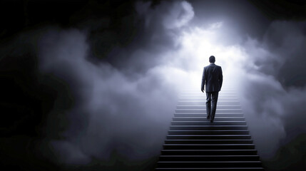 Businessman Climbing Abstract Stairs Toward Success and Bright Future
