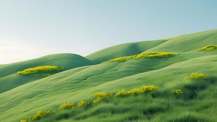 Obraz premium Rolling green hills covered in yellow flowers under a clear sky.