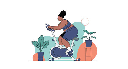 Fit woman riding stationary bicycle indoors enjoying her workout session in a modern gym environment