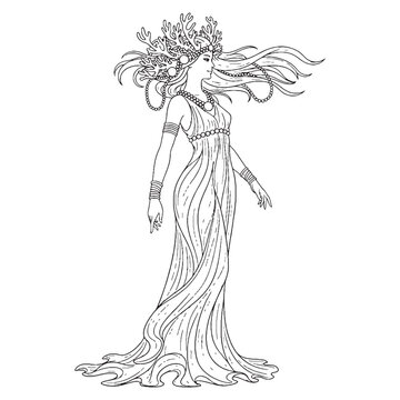 Elegant Amphitrite Line Art &ndash; Amphitrite Vector Illustration Queen of the Sea Drawing &ndash; Amphitrite Drawing &ndash; Line Art Drawing of Amphitrite &ndash; Amphitrite Icon &ndash; Greek Goddess Vector