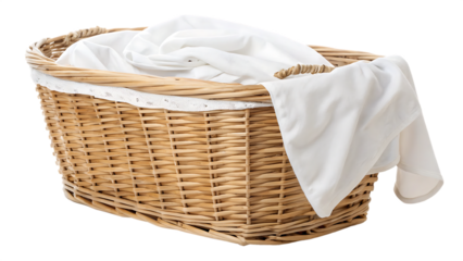 Large wicker laundry basket with white sheet PNG – Isolated natural home storage. AI GENERATED.
