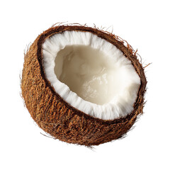 Half coconut with moist white flesh and brown shell isolated on transparent background