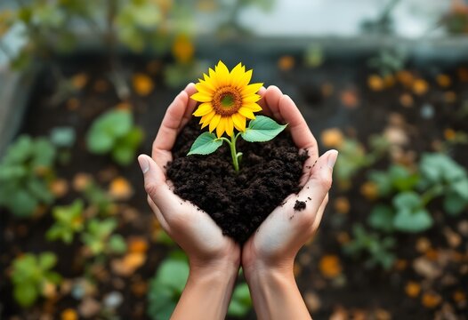 Close-up of tan-skinned hands holding a vibrant sunflower seedling with fertile soil, under the bright, clear sky of a summer day, symbolizing sustainability - Powered by Adobe