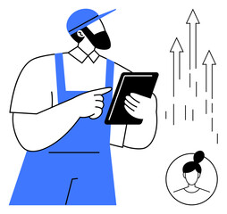 Worker holding tablet in uniform, upward arrows symbolizing progress, female profile. Ideal for technology, business growth, teamwork, industrial process, innovation leadership connection. Clean