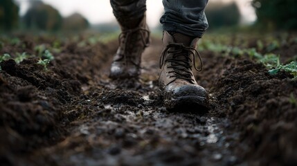 Boots traversing through muddy garden rows