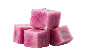 Four vibrant pink fruit cubes stacked together on a white background.