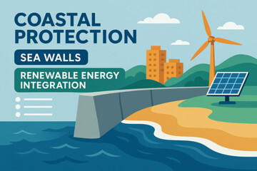 Naklejka premium Coastal protection illustration featuring sea walls, renewable energy integration with wind turbine and solar panel, and scenic landscape with buildings and ocean