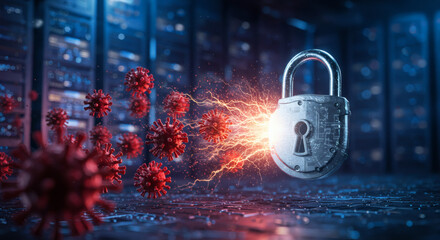 Cybersecurity padlock with a powerful glowing energy shield deflecting digital virus threats in a data center, symbolizing advanced network protection and data integrity