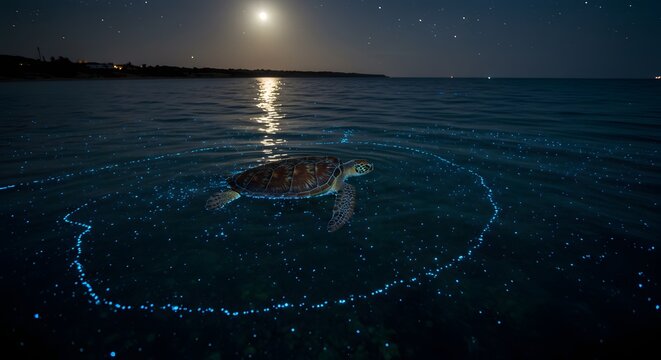 Night sea turtle bioluminescent ocean - Powered by Adobe