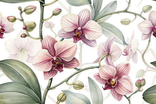 Fototapeta orchid flower blooming seamless pattern. Watercolor colorful print in rustic vintage style, textile or wallpaper background 