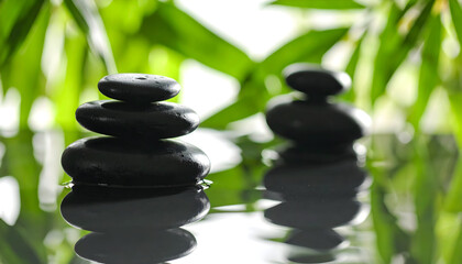 Obraz premium Black Stones Stacked on Water With Bamboo Leaves