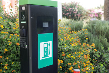 Eco-friendly EV charging station nestled in a vibrant garden setting. Perfect for sustainable...