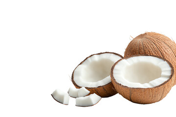 Fresh coconut halves with white coconut flesh and pieces, isolated on a white background.