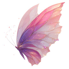 Vibrant pink and purple butterfly with delicate golden sparkles and veins on transparent background