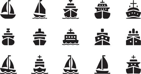 Ship and marine boat black silhouette set