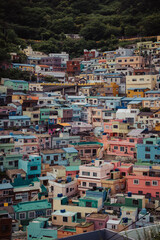 A view of the colorful hillside houses in Gamcheon Culture Village, a famous tourist attraction in Busan.South Korea