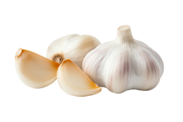Fresh garlic bulbs with individual cloves on a white isolated background.
