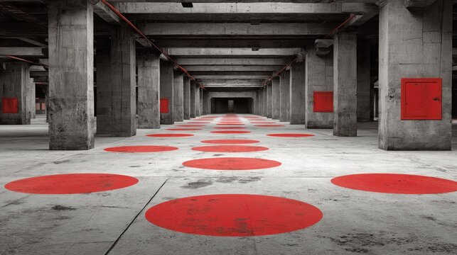 Long hallway with red circles symbolizing decentralized fibonacci zone fatigue heatmap icon conceptual design