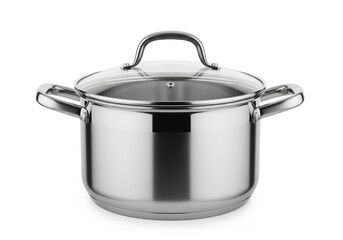 Shiny Stainless Steel Stock Pot with Glass Lid Isolated on White Background