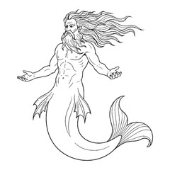 Celestial Nereus Line Art – Sea God Vector Illustration with Divine Water Details – Nereus Drawing – Line Art Drawing of Nereus – Nereus Icon – Greek God Vector