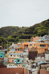 A view of the colorful hillside houses in Gamcheon Culture Village, a famous tourist attraction in Busan.South Korea