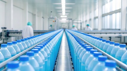 Fototapeta premium Bottled Water Production on Conveyor Belt in Modern Facility