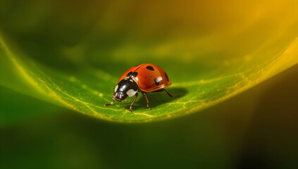 Fototapeta premium Artistic macro portrait of a single ladybug on a vibrant green leaf
