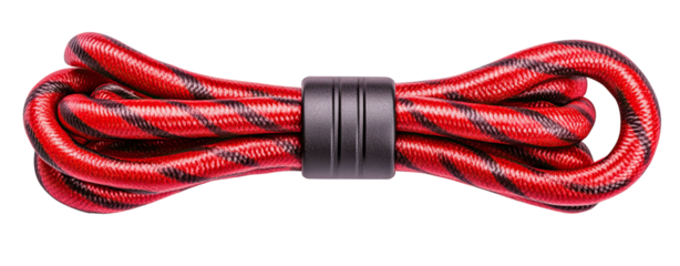 Climbing Rope for Outdoor Adventure and Survival Gear, Coiled Red and Black Mountaineering Rope Isolated on White, 
Durable Nylon Safety Rope for Hiking Camping and Trekking